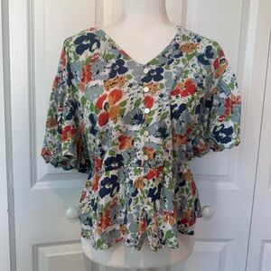 Linen Blend Ralph Lauren Peplum Bubble Sleeve Vibrant Colorful Floral Spring Top